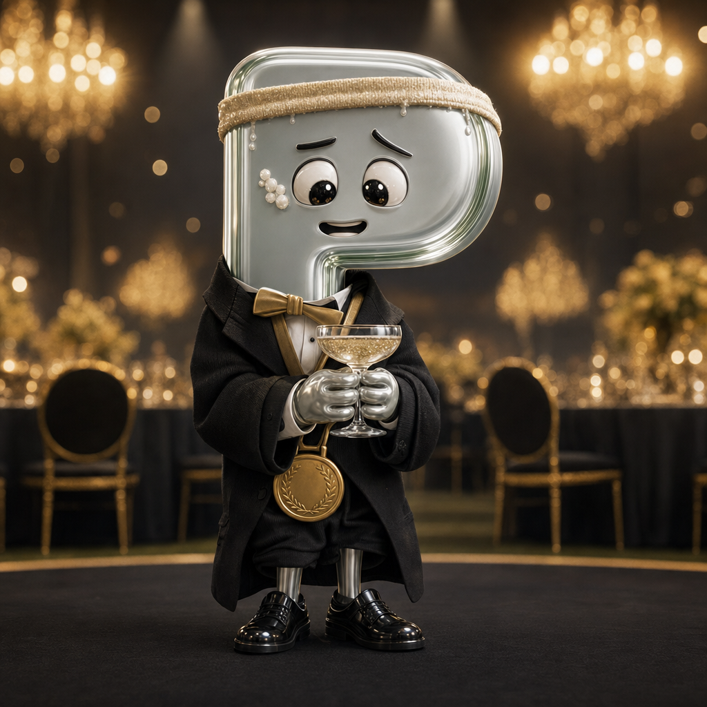 The Rookie — a nervous glass-letter mascot in a tuxedo, clutching a coupe and a medal