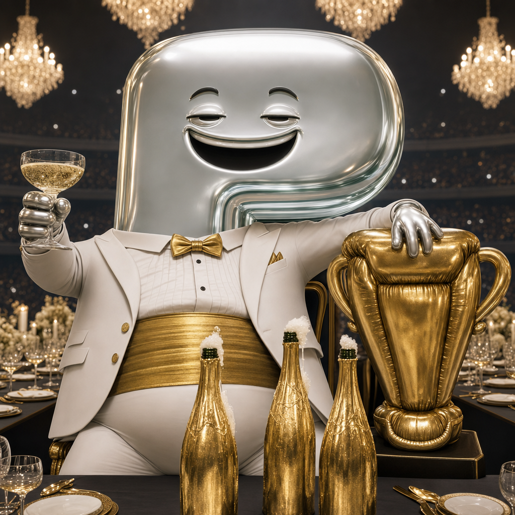 The Proprietor — a beaming glass-letter mascot in a white dinner jacket, one hand on an enormous gold trophy