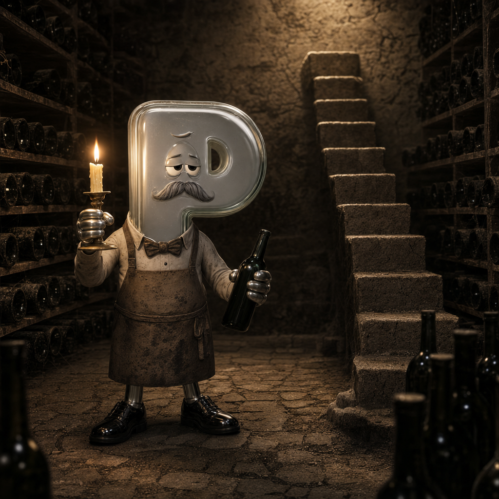The Cellar Master — a moustached glass-letter mascot in an apron, holding a candle and a dark bottle beside a staircase